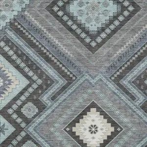 Photo of Pewter Charcoal And Sky Blue Tribal Washable Indoor Outdoor Area Rug