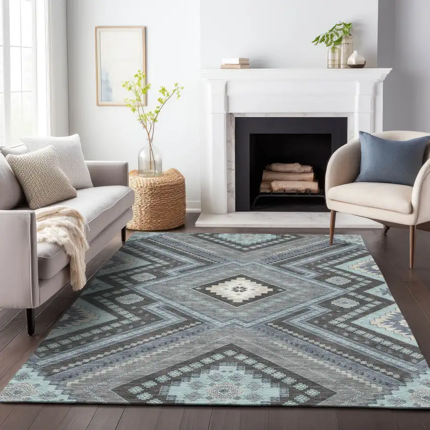 Pewter Charcoal And Sky Blue Tribal Washable Indoor Outdoor Area Rug Photo 9