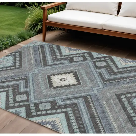 Pewter Charcoal And Sky Blue Tribal Washable Indoor Outdoor Area Rug Photo 1
