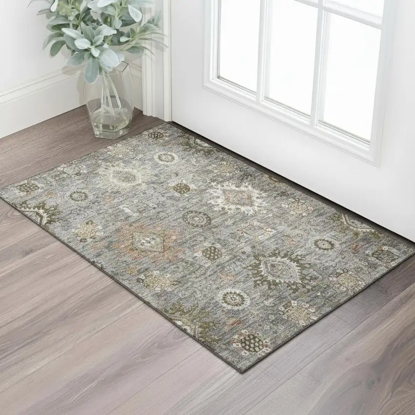 Pewter Copper And Beige Oriental Washable Area Rug With UV Protection Photo 2