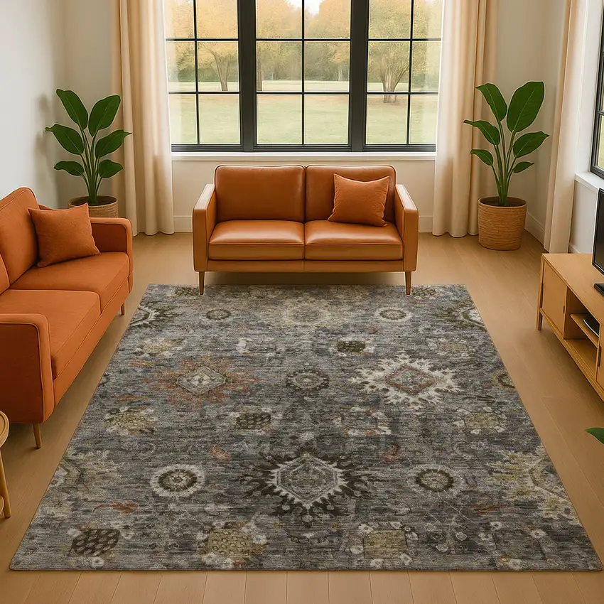 Pewter Copper And Beige Oriental Washable Area Rug With UV Protection Photo 5