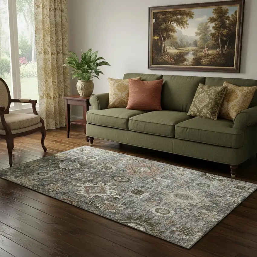 Pewter Copper And Beige Oriental Washable Area Rug With UV Protection Photo 2