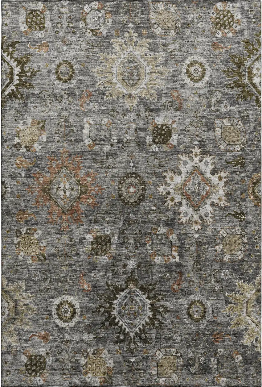 Pewter Copper And Beige Oriental Washable Area Rug With UV Protection Photo 1