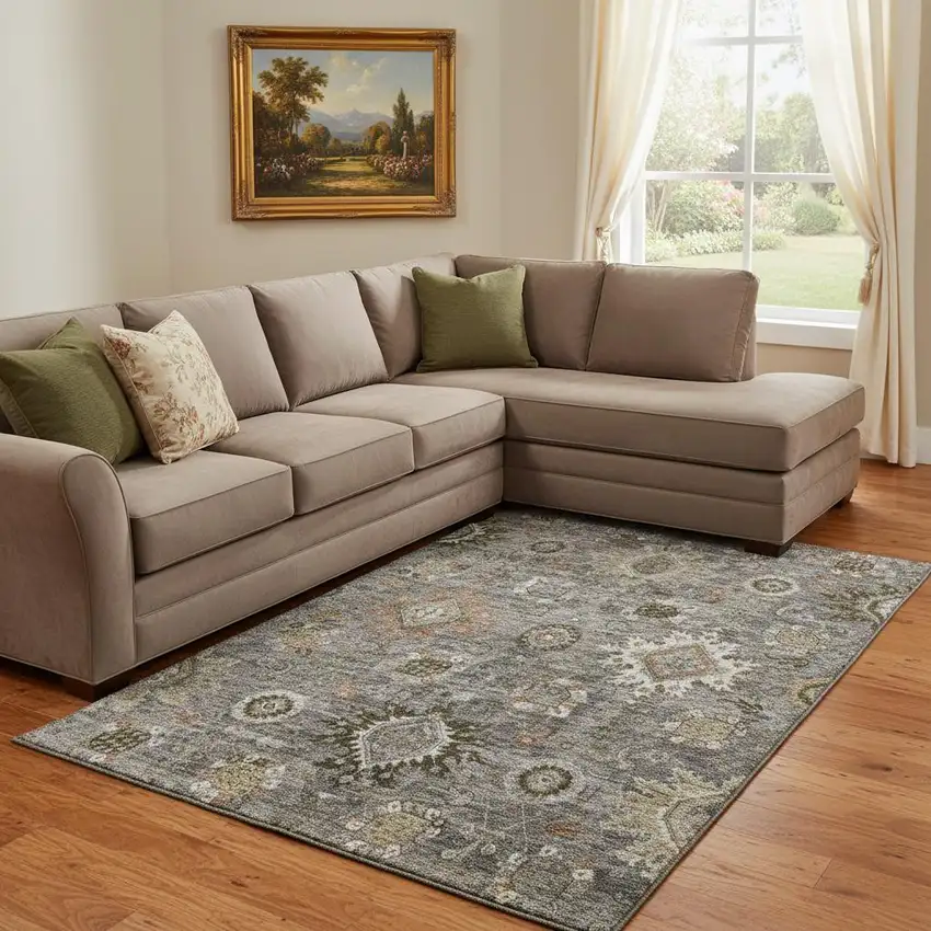 Pewter Copper And Beige Oriental Washable Area Rug With UV Protection Photo 2