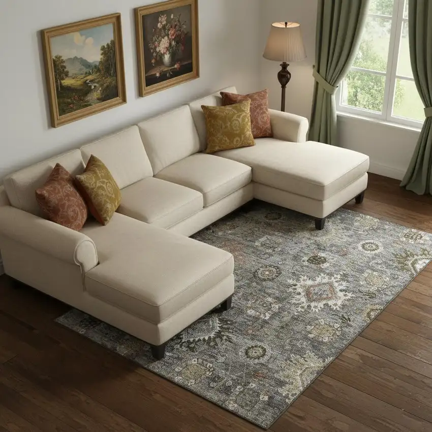 Pewter Copper And Beige Oriental Washable Area Rug With UV Protection Photo 2