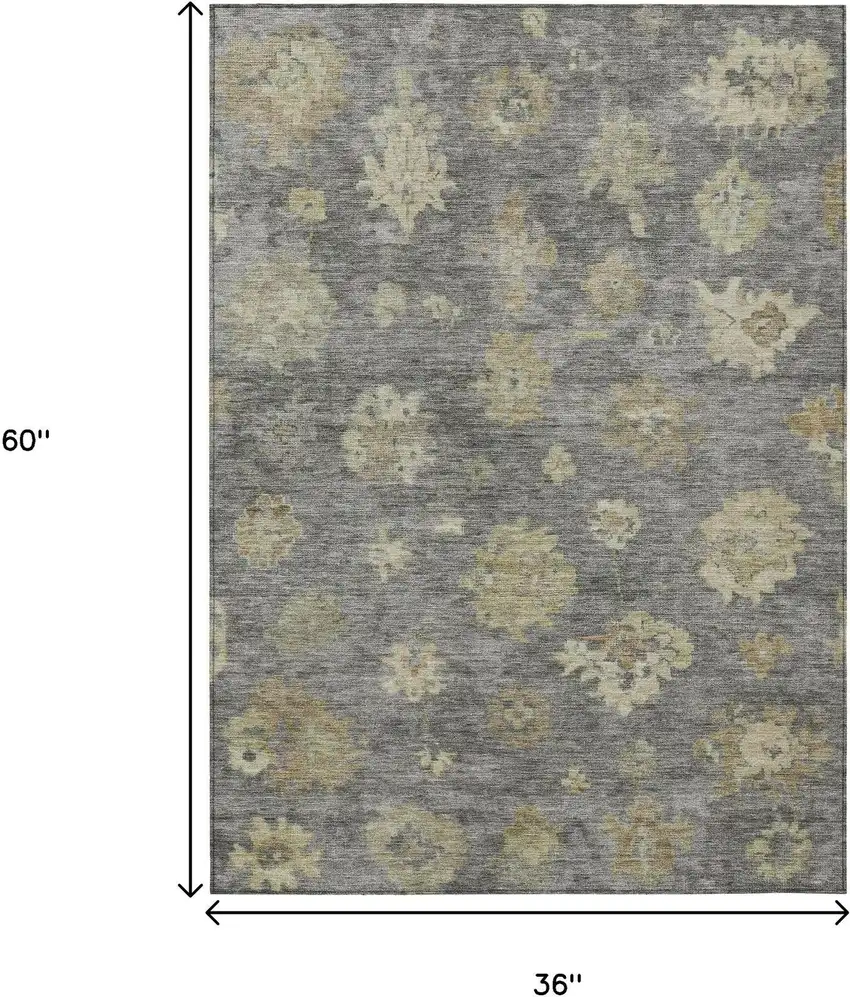 Pewter Gold And Beige Floral Washable Indoor Outdoor Area Rug Photo 3