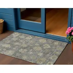 Photo of Pewter Gold And Beige Floral Washable Indoor Outdoor Area Rug