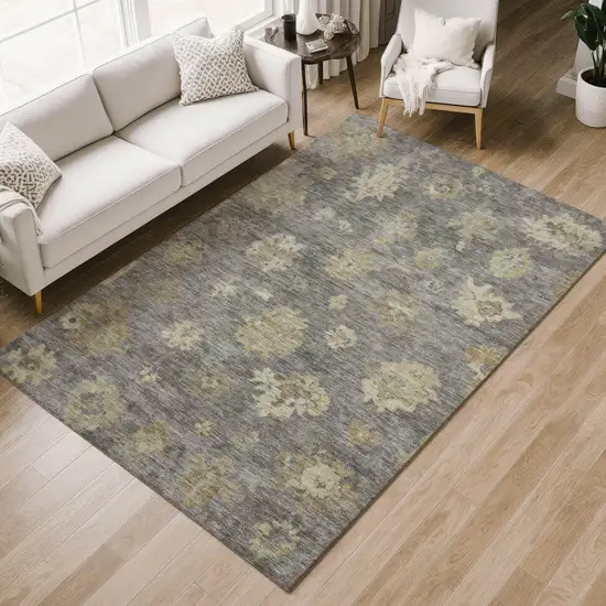 Pewter Gold And Beige Floral Washable Indoor Outdoor Area Rug Photo 8
