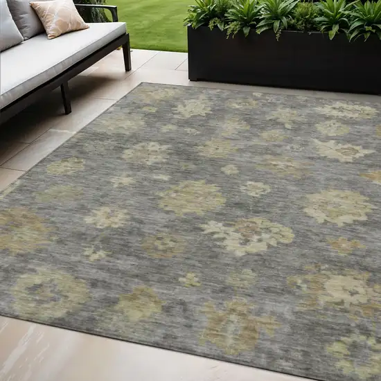 Pewter Gold And Beige Floral Washable Indoor Outdoor Area Rug Photo 1