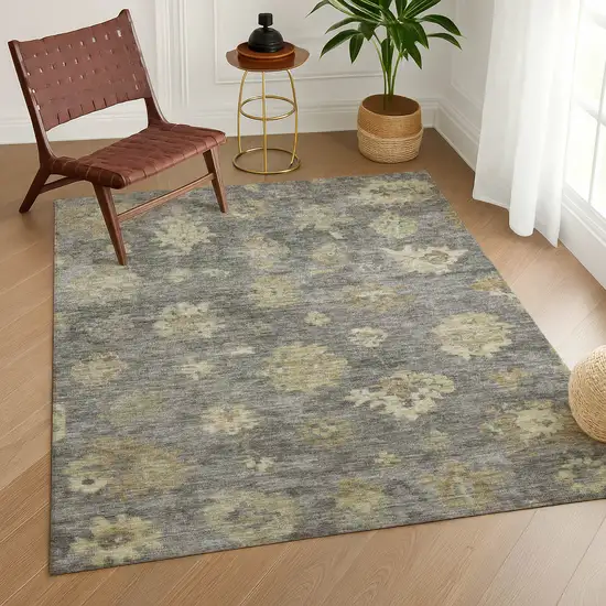 Pewter Gold And Beige Floral Washable Indoor Outdoor Area Rug Photo 9