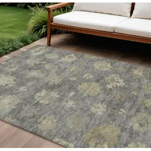 Photo of Pewter Gold And Beige Floral Washable Indoor Outdoor Area Rug
