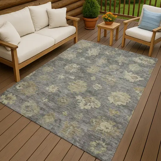 Pewter Gold And Beige Floral Washable Indoor Outdoor Area Rug Photo 9