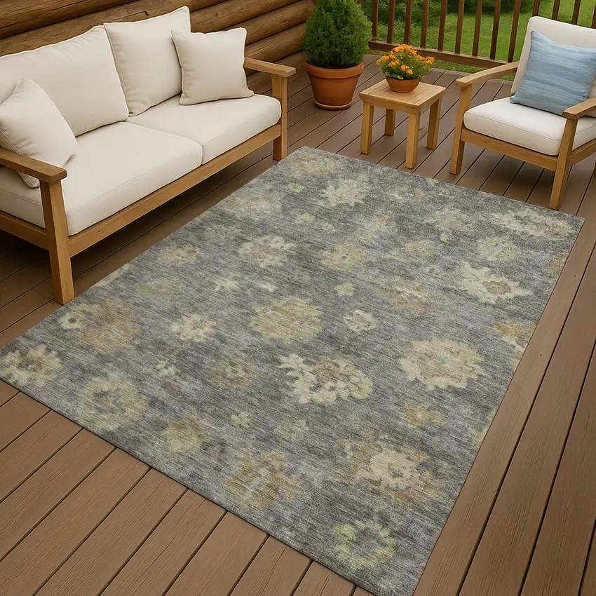 Pewter Gold And Beige Floral Washable Indoor Outdoor Area Rug Photo 9