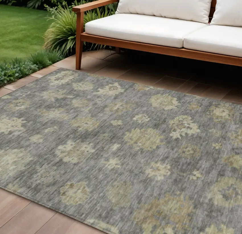 Pewter Gold And Beige Floral Washable Indoor Outdoor Area Rug Photo 1