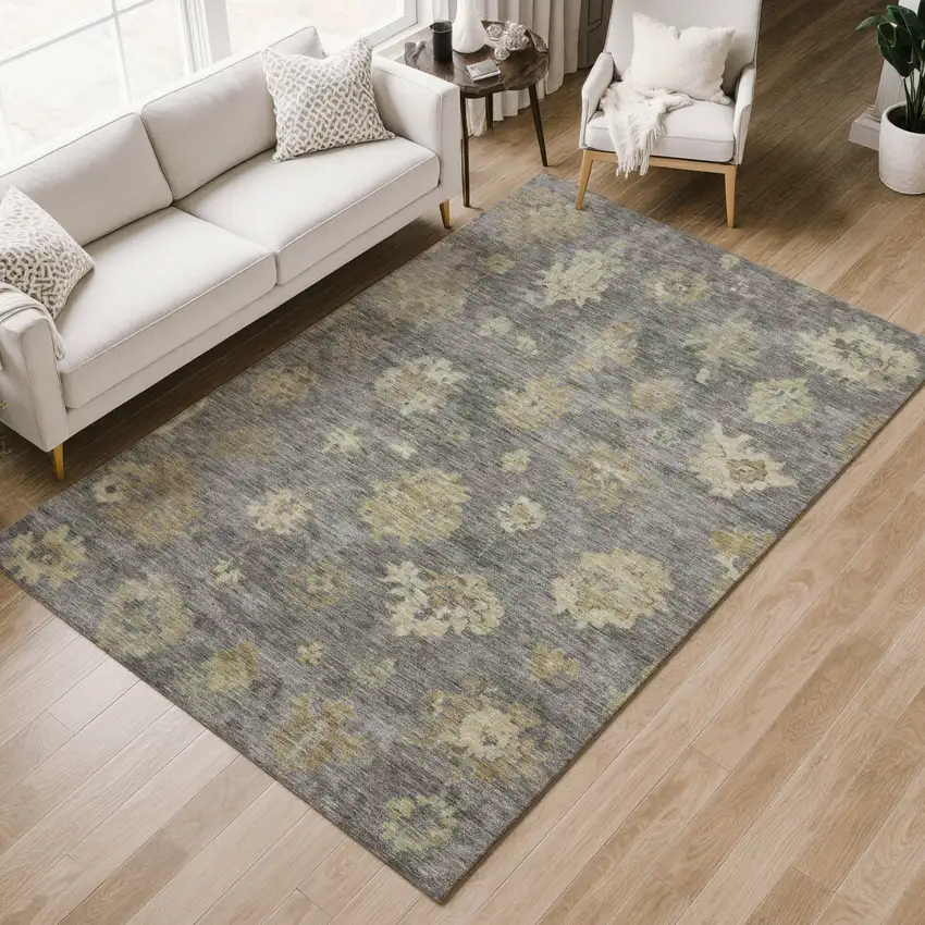 Pewter Gold And Beige Floral Washable Indoor Outdoor Area Rug Photo 8