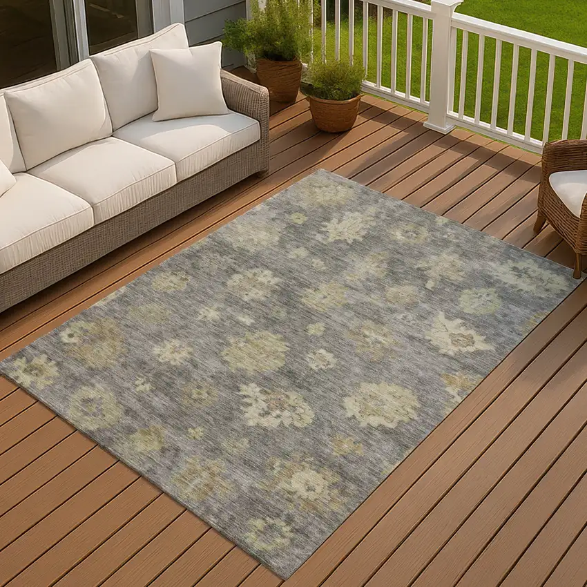 Pewter Gold And Beige Floral Washable Indoor Outdoor Area Rug Photo 7