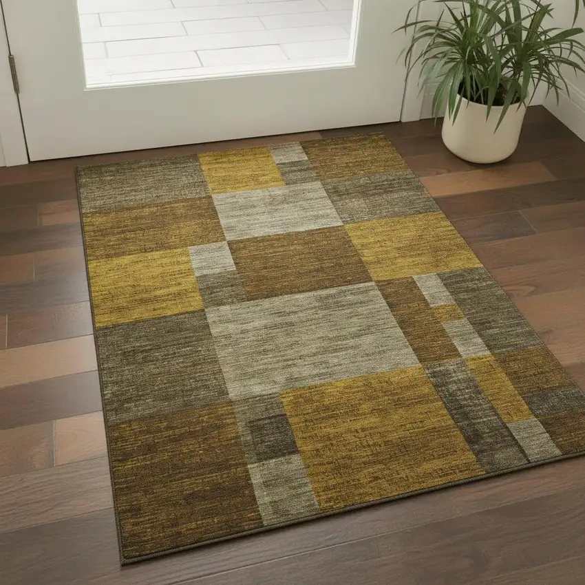 Pewter Gold And Brown Geometric Washable Area Rug With UV Protection Photo 2