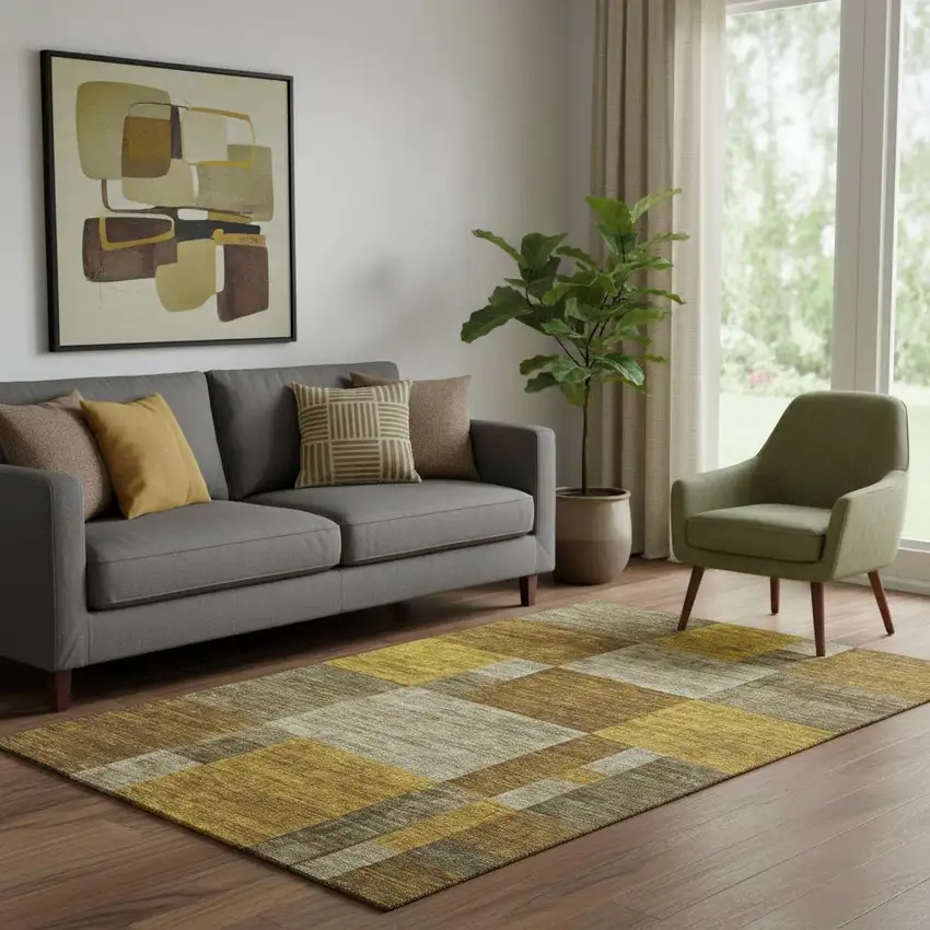 Pewter Gold And Brown Geometric Washable Area Rug With UV Protection Photo 2