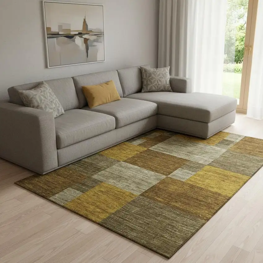 Pewter Gold And Brown Geometric Washable Area Rug With UV Protection Photo 2
