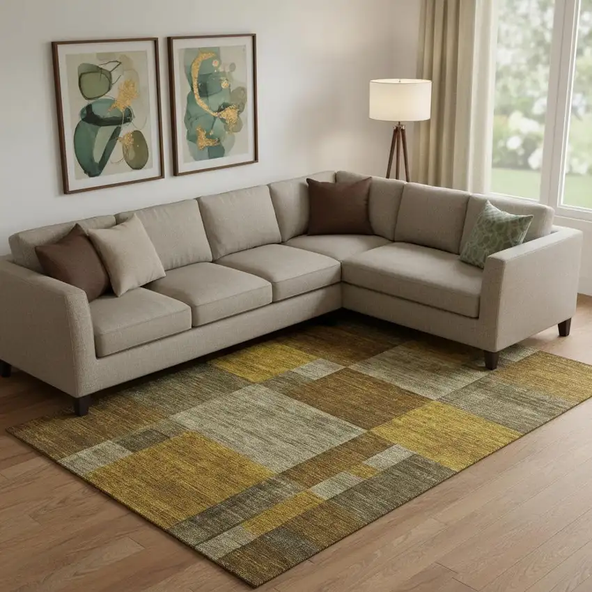 Pewter Gold And Brown Geometric Washable Area Rug With UV Protection Photo 2