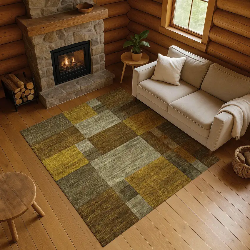 Pewter Gold And Brown Geometric Washable Area Rug With UV Protection Photo 4