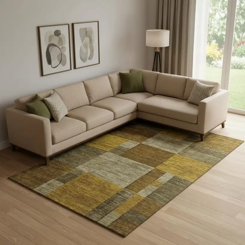 Pewter Gold And Brown Geometric Washable Area Rug With UV Protection Photo 2