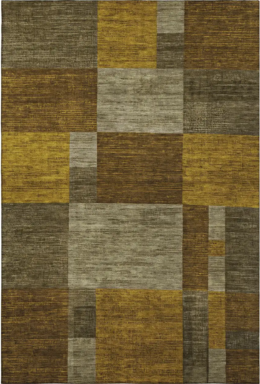 Pewter Gold And Brown Geometric Washable Area Rug With UV Protection Photo 1