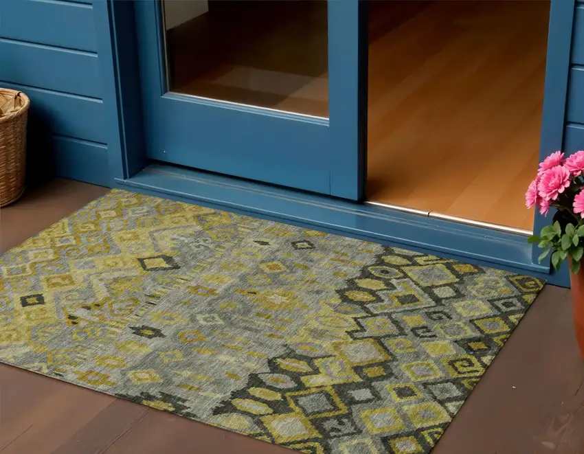 Pewter Gold And Charcoal Geometric Washable Indoor Outdoor Area Rug Photo 1