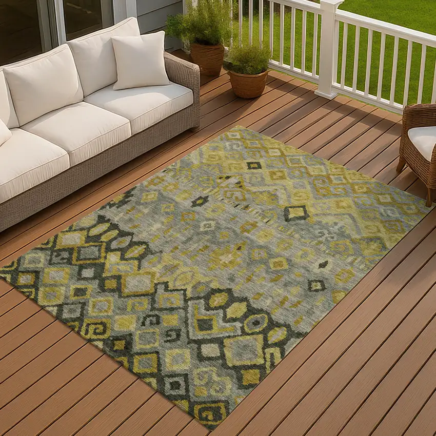 Pewter Gold And Charcoal Geometric Washable Indoor Outdoor Area Rug Photo 9