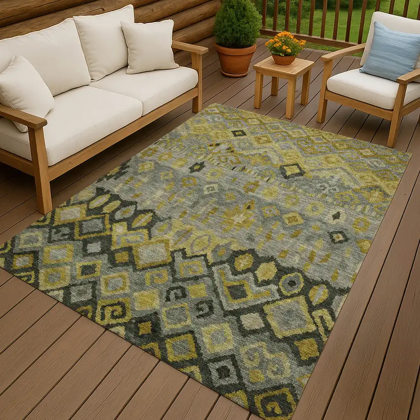 Pewter Gold And Charcoal Geometric Washable Indoor Outdoor Area Rug Photo 9