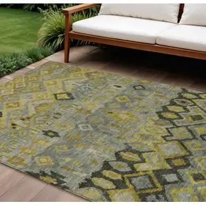 Photo of Pewter Gold And Charcoal Geometric Washable Indoor Outdoor Area Rug
