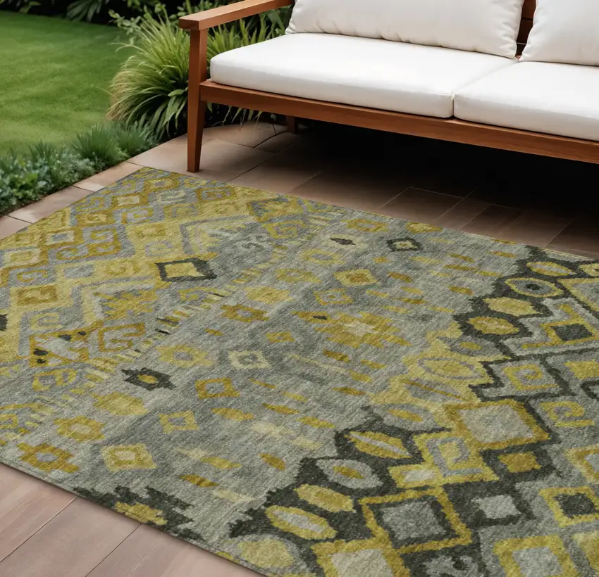 Pewter Gold And Charcoal Geometric Washable Indoor Outdoor Area Rug Photo 1