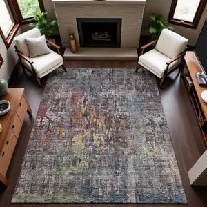 Photo of Pewter Gold And Eggplant Abstract Washable Area Rug With UV Protection