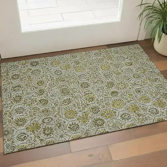 Pewter Gold And Gray Floral Washable Area Rug With UV Protection Photo 2