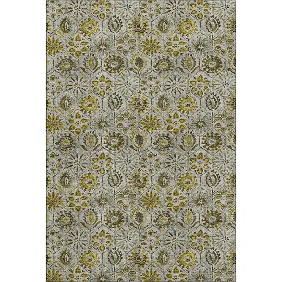 Pewter Gold And Gray Floral Washable Area Rug With UV Protection Photo 1