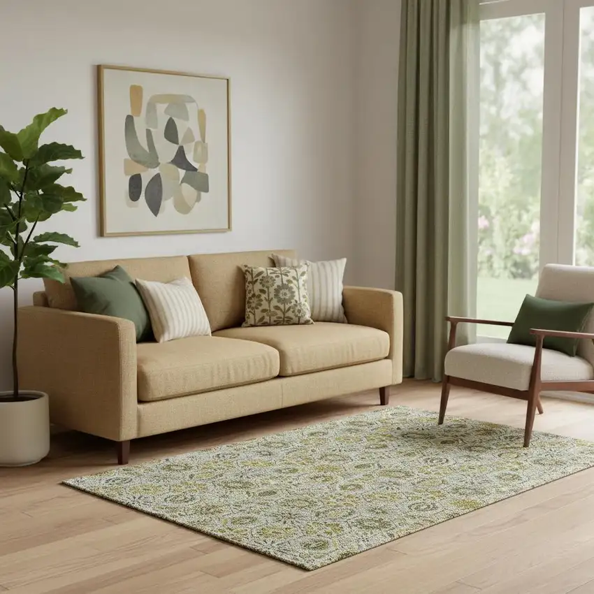 Pewter Gold And Gray Floral Washable Area Rug With UV Protection Photo 2