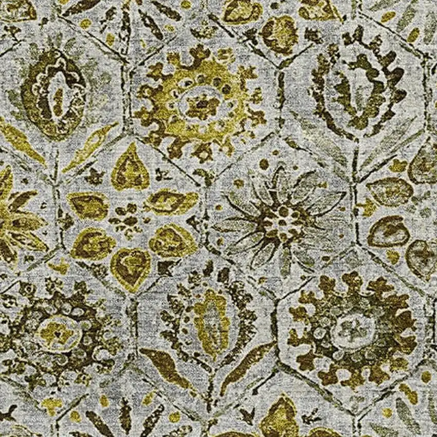 Pewter Gold And Gray Floral Washable Area Rug With UV Protection Photo 3