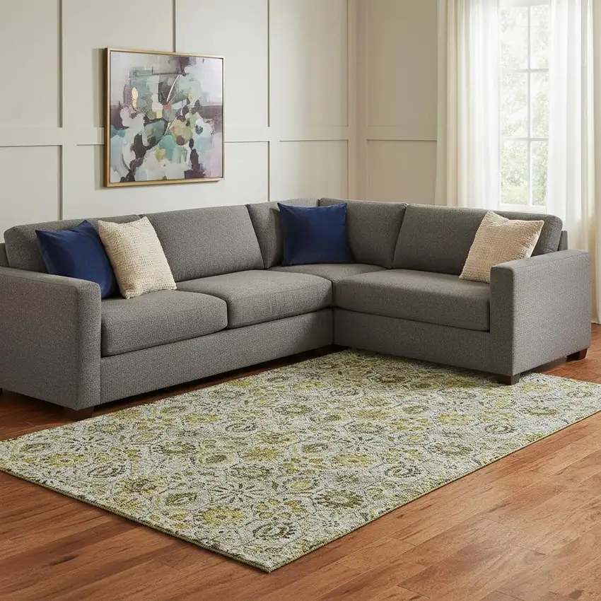 Pewter Gold And Gray Floral Washable Area Rug With UV Protection Photo 1