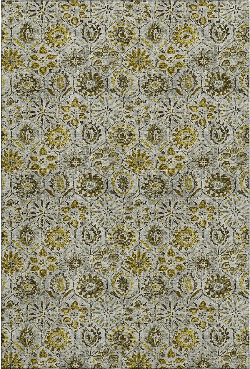 Pewter Gold And Gray Floral Washable Area Rug With UV Protection Photo 2
