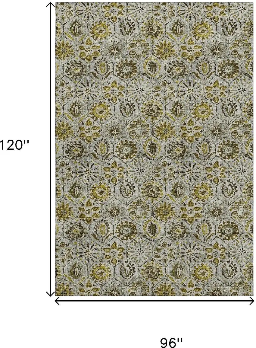 Pewter Gold And Gray Floral Washable Area Rug With UV Protection Photo 9