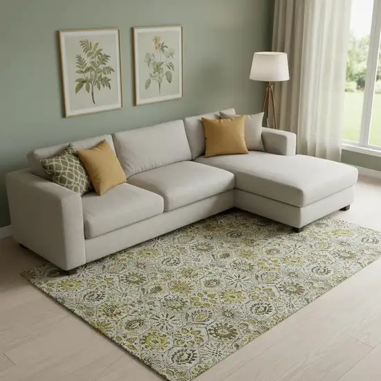 Pewter Gold And Gray Floral Washable Area Rug With UV Protection Photo 2