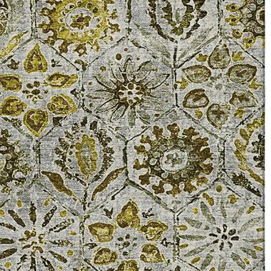 Pewter Gold And Gray Floral Washable Area Rug With UV Protection Photo 3