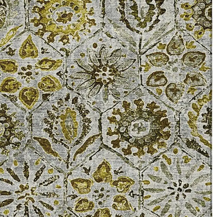 Pewter Gold And Gray Floral Washable Area Rug With UV Protection Photo 3