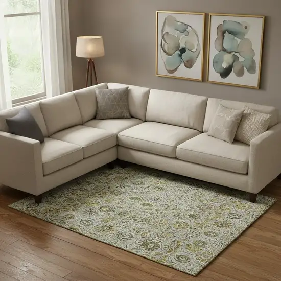 Pewter Gold And Gray Floral Washable Area Rug With UV Protection Photo 2