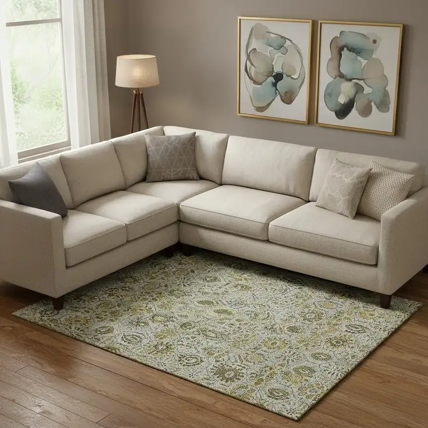 Pewter Gold And Gray Floral Washable Area Rug With UV Protection Photo 2