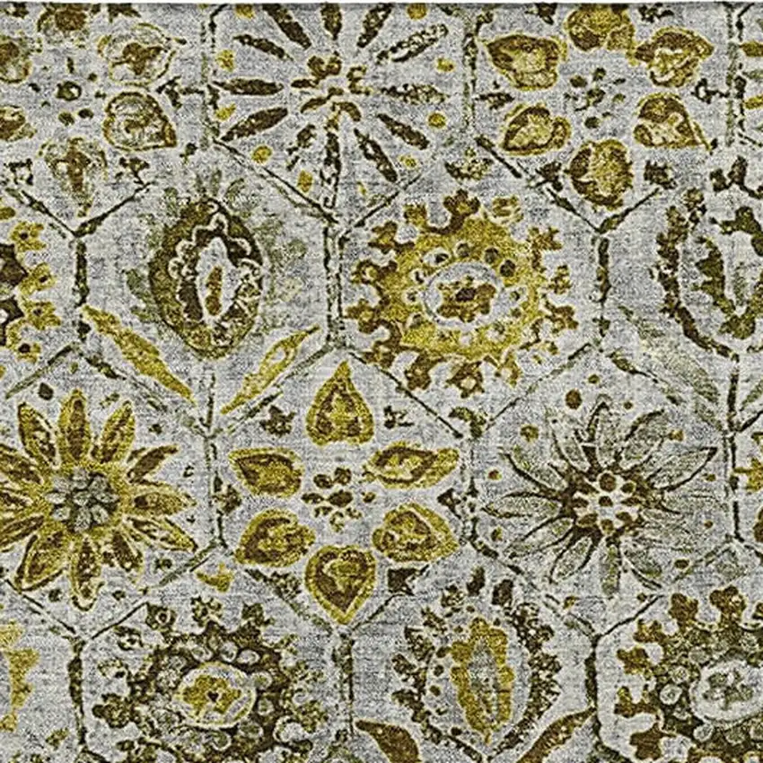 Pewter Gold And Gray Floral Washable Area Rug With UV Protection Photo 3