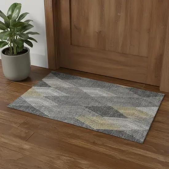 Pewter Gold And Ivory Geometric Washable Area Rug With UV Protection Photo 1