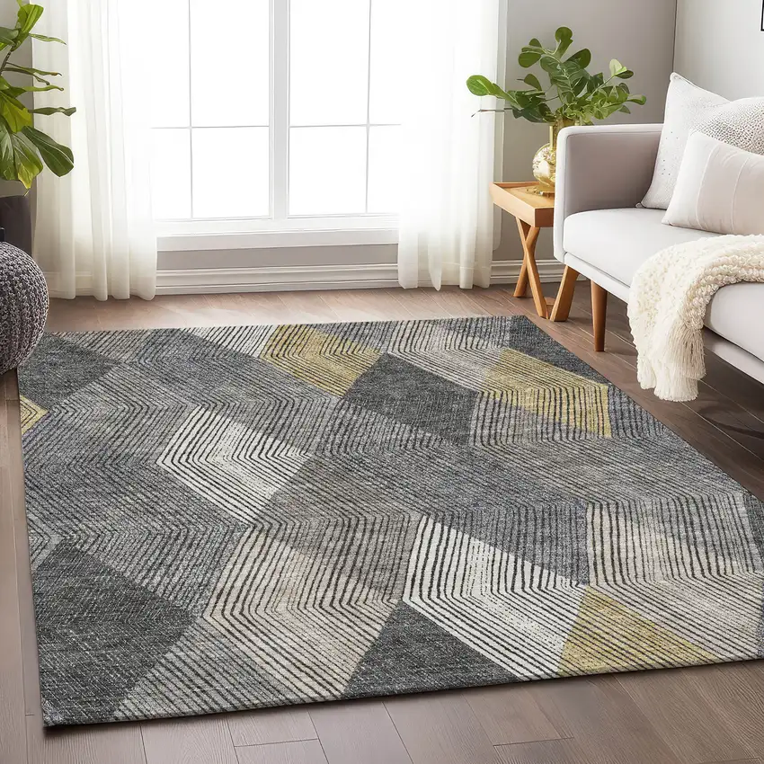 Pewter Gold And Ivory Geometric Washable Area Rug With UV Protection Photo 4