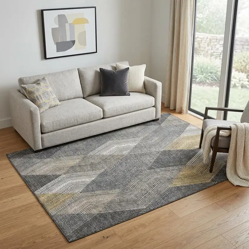 Pewter Gold And Ivory Geometric Washable Area Rug With UV Protection Photo 1