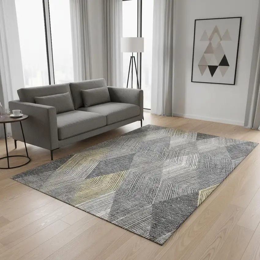 Pewter Gold And Ivory Geometric Washable Area Rug With UV Protection Photo 2